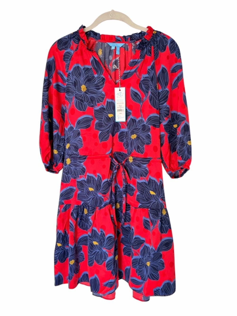 Draper James Julia Floral Mini Dress Magnolia Jacquard Dot pattern Red Blue XS